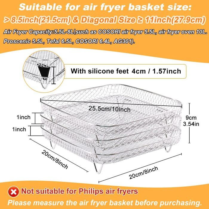 Решітки для аерофритюрниці, квадратна тришарова стійка з нержавіючої сталі 304, аксесуари для фритюрниці, аксесуари для фритюрниці Cosori, решітка для гриля