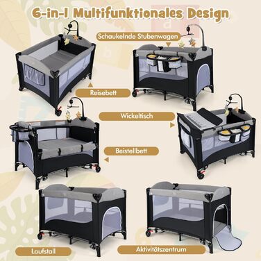 Дорожнє ліжечко з матрацом, дитяче ліжечко 5-в-1 з колесами, пеленальний килимок та музичний мобіль, дитяче ліжечко 110x76 см з сумкою для перенесення, для новонароджених та немовлят (сірий)