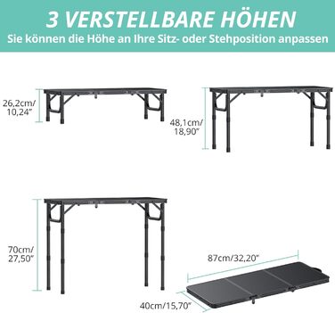 Складаний кемпінговий стіл VINTEAM 87x40 см 3 складні, регульована висота в 3 напрямках, алюмінієвий складаний стіл, балконний стіл, бічний столик, садовий стіл, легкий та портативний, ідеально підходить для кемпінгу, барбекю, пікніка та саду, МДФ