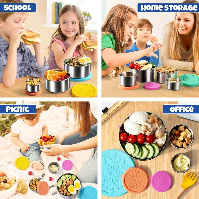 Набір контейнерів для їжі Homotte з нержавіючої сталі 304 з кришками, маленький, герметичні, для школи та офісу, штабельовані (57 мл, 113 мл, 227 мл, 400 мл, 680 мл) - 5 шт. (Синій, Жовтий, Зелений, Помаранчевий, Фіолетовий)