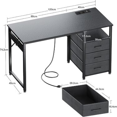 Письмовий стіл ODK з 3 шухлядами, тканина, 120x48x75,5 см, комп&39ютерний стіл з 2 розетками та USB-портами, двосторонній ПК-стіл, офісний стіл для домашнього офісу, чорний 120x48x75,5 см чорний