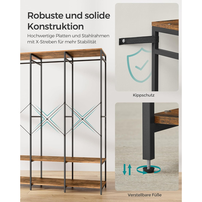 Відкрита шафа, вішалка для одягу, вішалка для пальто, шафа з рейкою для одягу, полиці, знімні гачки, 40 x 141 x 180 см, вінтажний коричневий RGR005B01 Вінтажний коричневий 40 x 141 x 180 см