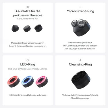 Ручний масажер для обличчя - Компактний електричний прилад для догляду за обличчям та шкірою - Лікування 8 в 1 за допомогою мікроструму та світлодіодних кілець - 4-е покоління - Чорний