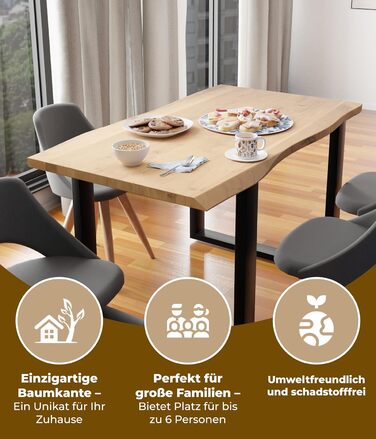 Стіл з натуральним краєм 140x80 см Товщина стільниці 3,6 см Обідній стіл з масиву акації з U-подібною основою, справжнім натуральним краєм, натурального кольору Ручна робота та міцний Доставка до потрібного вам місця включена. Коричневий 140 x 80 см (з U-