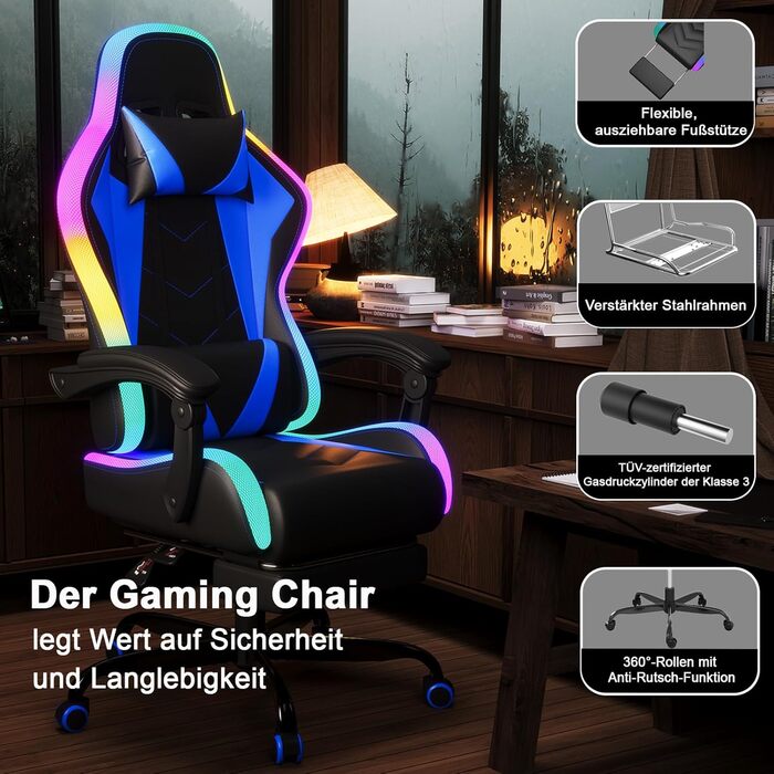 Ігрове крісло JUMMICO зі світлодіодним освітленням, круте гоночне ігрове крісло, ергономічне офісне крісло з функцією масажу, регульована спинка 90-135, з телескопічною підставкою для ніг, ігрове крісло вантажопідйомністю 150 кг, синє