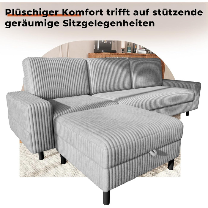 Місний L-подібний диван з регульованою оттоманкою для зберігання речей, кутовий диван з функцією сну, модульний диван, вельветовий диван, дерев&39яний каркас, глибоке сидіння, ідеально підходить для вітальні, сірий, 200