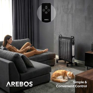 Конвекторний обігрівач Arebos Mica 2000 Вт 2 потужних рівня нагріву Регульований термостат 3D-система опалення Енергозберігаючий променевий обігрівач У комплекті пульт дистанційного керування та цифровий дисплей Тепловентиляторний обігрівач Чорний