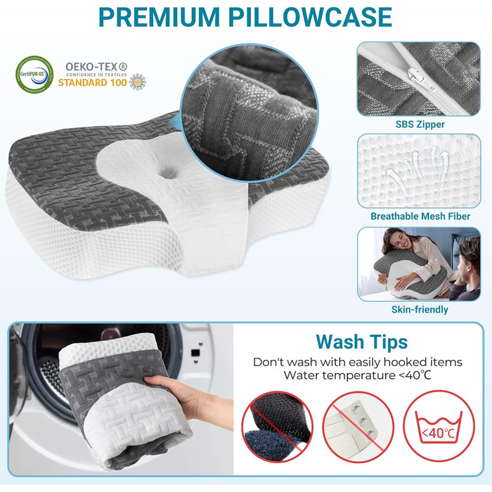 Ортопедична подушка Elviros з піни з ефектом пам&39яті, подушка для зняття болю в шиї, подушка для сну, ергономічна подушка для шиї, подушка для підтримки шиї, подушка проти хропіння для сну на боці та животі, темно-сіра, 53,5 x 37,5 x 11,5/14 см