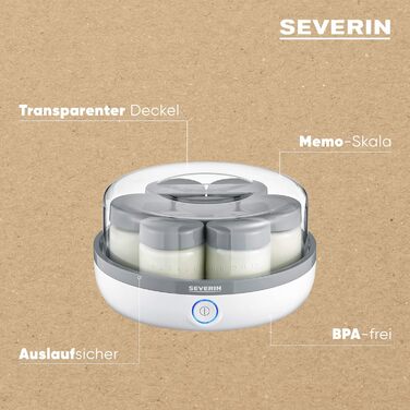 Йогуртниця SEVERIN, йогуртова машина з дисплеєм часу для приготування домашнього та веганського йогурту, містить 14 баночок для йогурту зі скляною кришкою, без BPA, JG 3520 з кнопкою