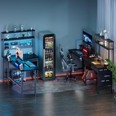 Ігровий стіл, кутовий стіл 150 x 100 см з 3 розетками та 2 USB-портами, двосторонній L-подібний ігровий стіл зі світлодіодним підсвічуванням, комп&39ютерний стіл з висувними ящиками та підставкою для монітора для ігор, домашній офіс, чорний 150 x 100 см