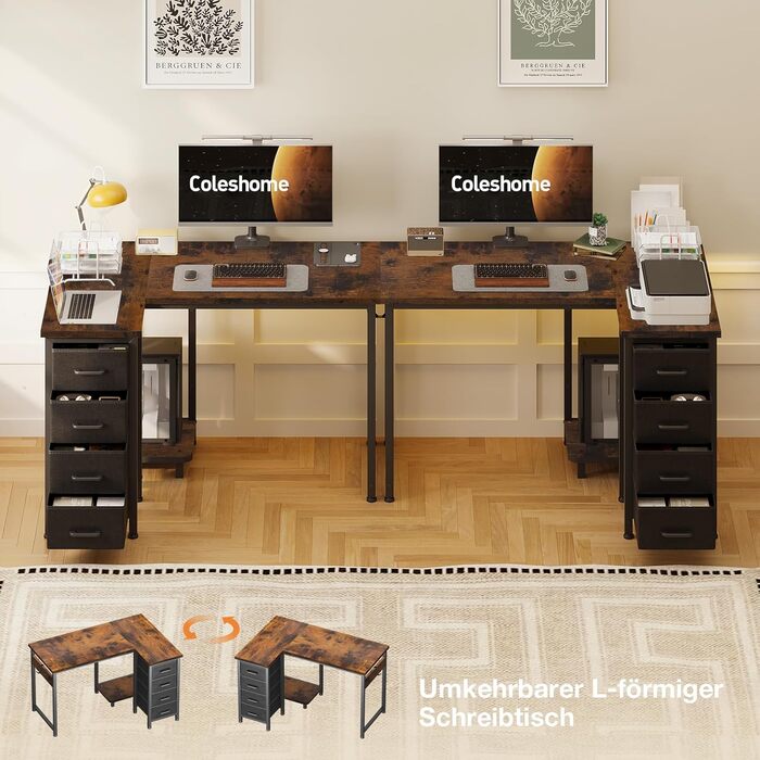 Кутовий письмовий стіл Coleshome, 100 x 70 см, метал / дерево, вінтажний коричневий