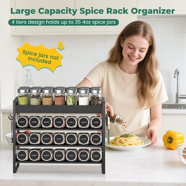 Стійка для спецій, дерев&39яний органайзер для спецій, 4-рівнева бамбукова стійка для спецій, стійка для спецій, підставка для спецій, тримач для спецій, система стійок для спецій, настінна та для кухонь (чорна) чорнийчорний