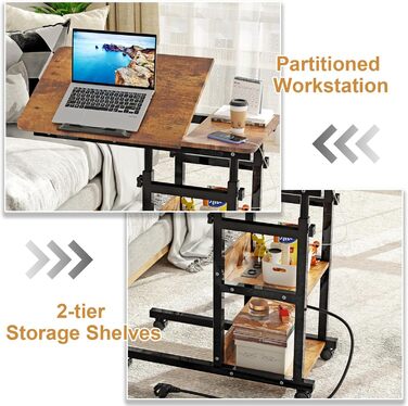 Журнальний столик на колесах, 80 см x 40 см, столик для ноутбука з розеткою та портом USB-C, регульована висота, дерев&39яний стіл, журнальний столик, тумбочка, спальня, вітальня, вінтажний вигляд дерева, колір вінтажного дерева