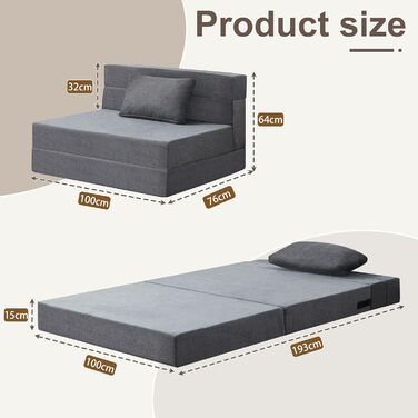 Двоспальний диван-ліжко 100 x 203 см, розкладний диван-ліжко, гостьовий матрац для 2 осіб - функція сну, диван-ліжко для вітальні/спальні з піною з ефектом пам&39яті та подушками, комплект крісел, що праються, темно-сірий, одинарний темно-сірий