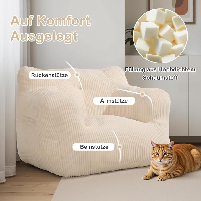 Крісло-мішок Pamapic для дорослих, наповнене крісло-мішок з портативною ручкою, сучасне ергономічне крісло-мішок, крісло-мішок для приміщень для вітальні, спальні, ігрової кімнати, бежевий 70Г x 80Ш x 55В см