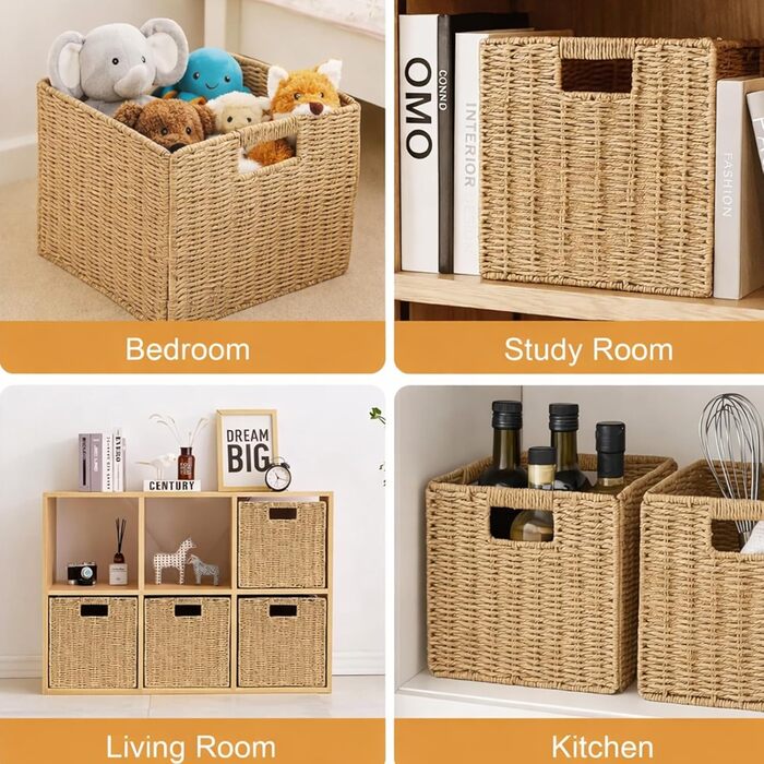 Плетений кошик для зберігання з ротанга комплект з 2 шт. , 33x38x33 см, великі складні кошики з ручками та металевим каркасом підходить для вставок Kallax та кубічних полиць, полиця-кошик для вітальні та спальні