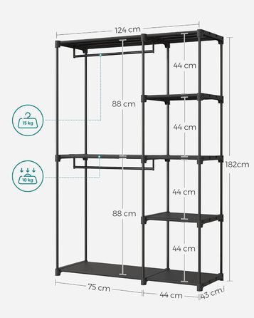 Відкрита шафа, вішалка для одягу, штанга для одягу, шафа, 2 підвісні полиці, багато місця, для спальні, вітальні, 124 x 43 x 182 см, чорний RYG026B02 Чорний 124Д x 182В см
