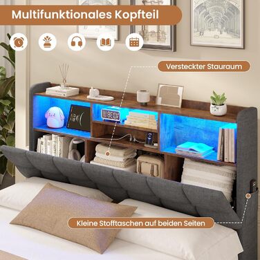 М&39яке ліжко 140200 см Гідравлічне ліжко з відсіком для зберігання речей та світлодіодним освітленням Дитяче ліжко з портами USB та Type-C Двоспальне ліжко Каркас ліжка з дерев&39яними ламелями, лляна тканина, без матраца (Темно-сірий, 140x200 см) 140x20