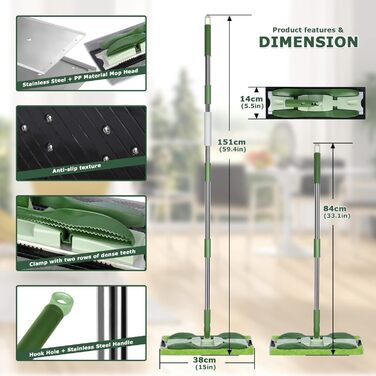 Плоска швабра Masthome, підлогова швабра 360 з 4-ма мікрофібровими насадками, довжина ручки 151 см, регульована, металева основа,
