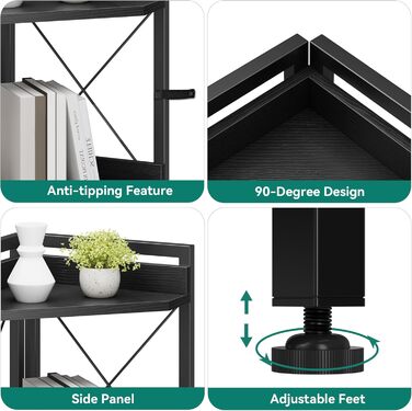 Кутова полиця YITAHOME з 4 полицями, промислова книжкова шафа з шафою, окремостояча дерев&39яна книжкова шафа, полиці для зберігання речей для вітальні, домашнього офісу, коридору, чорна стояча полиця