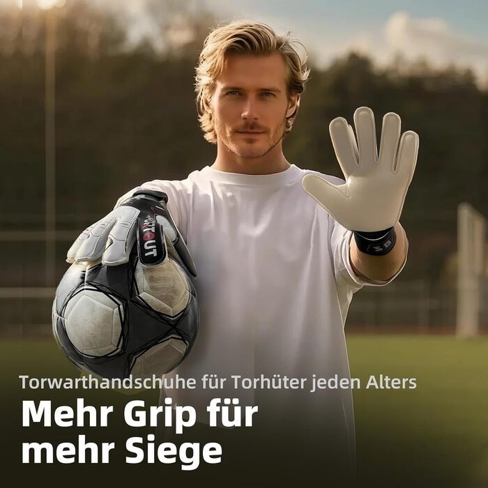 Воротарські рукавички Sportout для дітей та чоловіків із захистом пальців, футбольні рукавички із захистом пальців, воротарські рукавички з нековзним латексом 4 мм, чорні, розмір 7