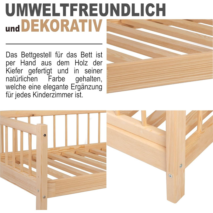 Дитяче ліжко Alije із захистом від падіння 70x140 см NINA з рейковою основою з соснової деревини для дитячих будинків, хлопчиків та дівчаток - дерев&39яне ліжко, дитяче ліжко, дитяча кімната, декор для хлопчика, 70 x 140 натуральне дерево