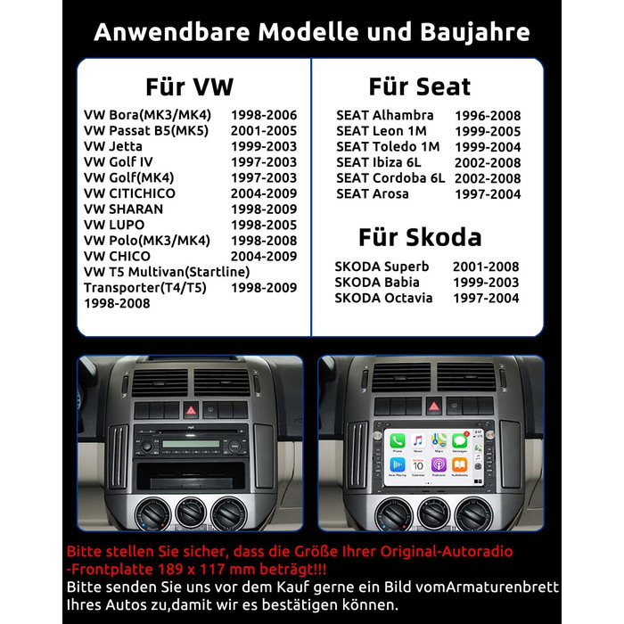 Автомобільне радіо ESSGOO Wireless Carplay та Android 264G Android 14 для VW VW Polo MK3/4 9N Golf 4 Passat B5 T5 Seat Skoda, 7-дюймовий сенсорний екран з Bluetooth FM RDS GPS WiFi
