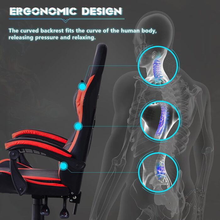 Ергономічне ігрове крісло CLIPOP, комп&39ютерне обертове крісло з підголівником та поперековою опорою, функція нахилу та блокування, регулювання висоти, поворотне, висока спинка, гоночні крісла, чорне/червоне