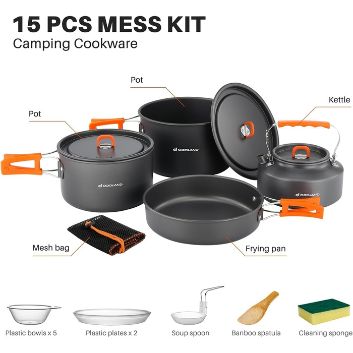 Набір посуду для кемпінгу Odoland з 15 предметів, набір посуду для кемпінгу з 2 каструлями, сковородою та чайником, набір посуду для кемпінгу, алюмінієвий посуд для 4-5 осіб, набір посуду для кемпінгу 1