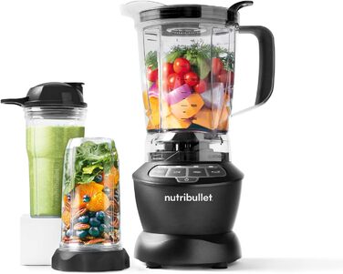 Повнорозмірний блендер nutribullet Combo, електричний блендер, багатофункціональний подрібнювач, професійний, потужність 1200 Вт, глечик 1,9 л, банки 946 мл і 710 мл, чорний, NBF500MB комбінований пакет