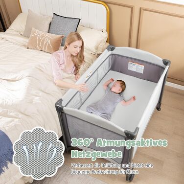 Дорожнє ліжечко 5-в-1 для немовлят з матрацом, 110 x 78 см, Ліжечко Side-by-Side з колискою та пеленальний килимок, Повний комплект дитячого ліжка для новонароджених та дітей до 36 місяців (сірий)