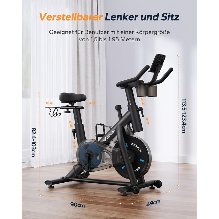 Велотренажер MERACH з регульованим опором, тихий домашній тренажер з покращеним світлодіодним монітором, тримачем для планшета, велотренажер для кардіотренувань вдома, спеціальний додаток, до 136 кг, чорний