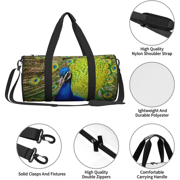 Спортивна сумка, дорожня сумка, стильний принт павича, сумка для подорожей та на ніч, чорна, універсальний розмір