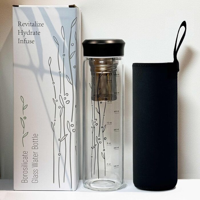 Скляна пляшка для пиття об&39ємом 650 мл з чорною кришкою з нержавіючої сталі та рукавом для розсипного чаю, пляшка для чаю з заварювальним контейнером на винос