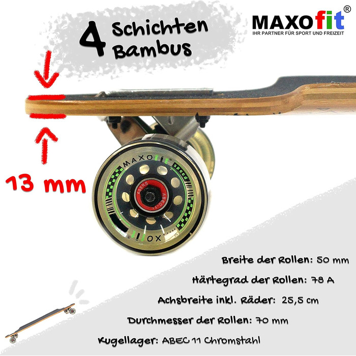 Лонгборд MAXOfit XXL Deluxe Jamaica LB-01 104 см 7-шаровий клен drop mount freeride ABEC-9 78A колеса 75мм повний компліт для фрірайду стрибків GeoLines дизайн оригінал Німеччина 2025