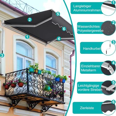 Тент на балкон з кріпленням на скобах, сонцезахисний козирок, складний тент з ручним приводом, сонцезахист, водонепроникний, пилонепроникний, регульована висота (темно-сірий, 3 * 2,5 м) 3 * 2,5 м темно-сірий
