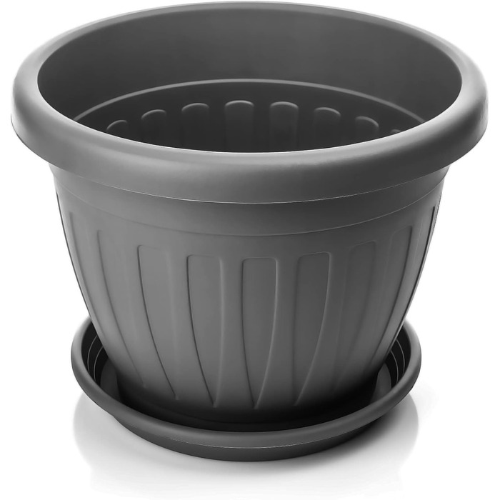 Квітковий горщик BigDean 6 шт. з блюдцем, круглий ø28xH20 см, антрацит - всепогодний горщик - водовідвідний, стійкий до ультрафіолету, виготовлений з ударостійкого пластику - підходить для використання в приміщенні та на вулиці - зроблено в Європі, антрац