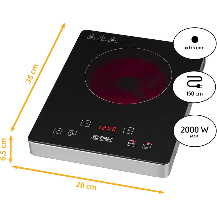 Вт 175мм Склокераміка Сенсорна панель керування мобільні Нержавіюча сталь одинарна цифровий, 2000