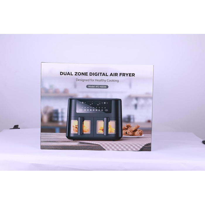 Двозонна фритюрниця з оглядовим вікном, подвійна фритюрниця ємністю 9 л XL, 2 висувні ящики, попередні налаштування приготування 9-в-1, сенсорний екран, розумний екран і функція таймера, здорова фритюрниця без олії та приготування з низьким вмістом жиру