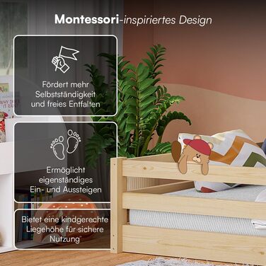 Ліжко Bellabino Iskri на підлозі 140x200 см Дитяче ліжко Монтессорі із захистом від падіння та рейковою основою Дерев&39яне ліжко для хлопчиків та дівчаток з масиву сосни натурального кольору Дитяче ліжко натурального кольору 140x200 см без матраца