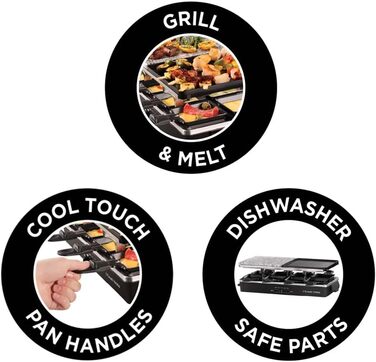 Раклетний гриль Russell Hobbs 8 персон включаючи 8 сковорідок і дерев'яну лопатку, 2 настільні пластини для гриля Multi-Grill (натуральний камінь з каналом для соку, двостороння пластина з антипригарним покриттям, ребриста) Чорний, 26280-56 Раклет квадрат