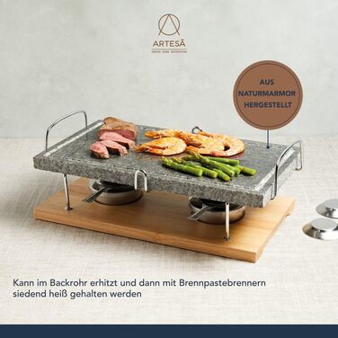 Кам'яний гриль для стейків, морепродуктів та овочів, 41.5 x 22 x 15 см - Мармуровий/Дерев'яний гриль з гарячим каменем у подарунковій коробці
