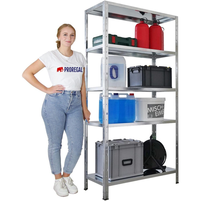 Надміцний стелаж з металевими полицями, ВxШxГ 180x90x40 см, 5 рівнів, навантаження на полицю 125 кг, оцинкований, металевий, металевий стелаж, кухонний стелаж, стелаж для підвалу, стелаж без болтів, гаражний стелаж, стелаж для зберігання, 180x90x40 см, оц