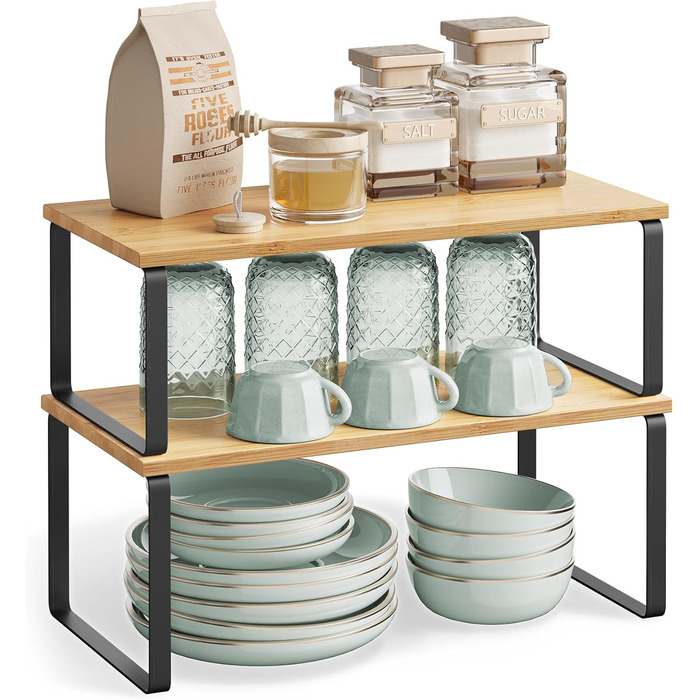 Стійка для спецій, Набір з 2 кухонних органайзерів, Кухонна полиця, Організатор для шафи, Розширювана, Мала полиця, Штабелюється, Металевий та Дерев&39яний Композит, Чорнило Чорний-Натуральний Бежевий KCS200B01 39,7 см Чорнило Чорний Натуральний Бежевий