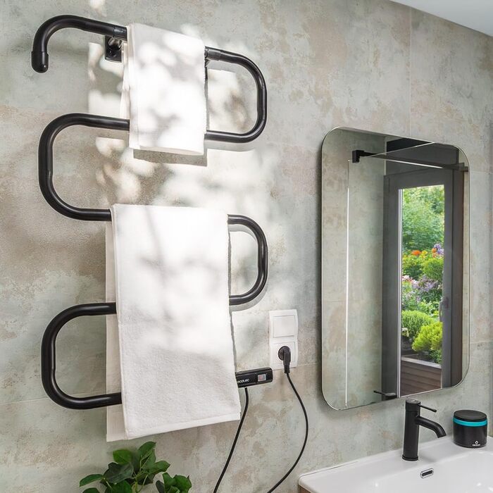 Електричний рушникосушарка Cecotec з низьким споживанням енергії - ReadyWarm 5000 Towel Black. Рушникосушка 100 Вт, світловий індикатор, системи безпеки, захист IP24, кріплення на підлогу або стіну, ідеально підходить для ванних кімнат