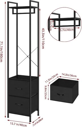 Чорна вішалка для одягу, міцна вішалка для одягу, окремостояча гардеробна стійка з шухлядою, мінімалістична вузька вішалка для одягу для дому, спальні, вітальні
