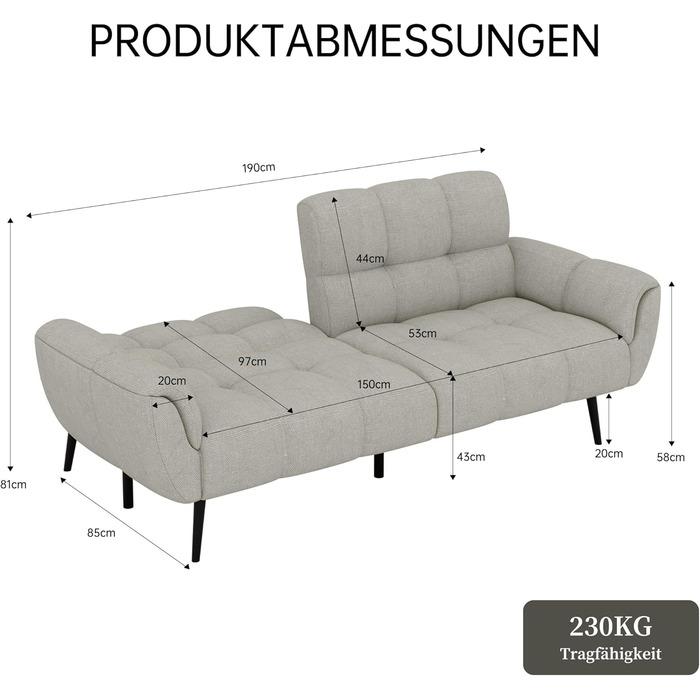 Диван JIEXI з функцією сну, 3-місний диван-ліжко, 155x85 см, зручний та підходить для вітальні, офісу, кімнати, вітальні, спальні (світло-сірий)