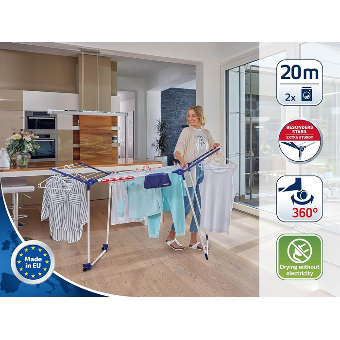 П'єдестальна сушарка Leifheit Pegasus 200 Solid Deluxe Mobile з довжиною сушіння 20 м, вішалка для довгого прання, сушарка-крило з