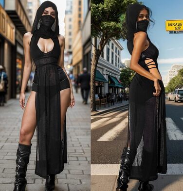 Жіноча сексуальна прозора готична сукня з капюшоном, коміром, без рукавів, костюм на Хелловін, EDM фестиваль, рейв-костюм, чорний колір, розмір M