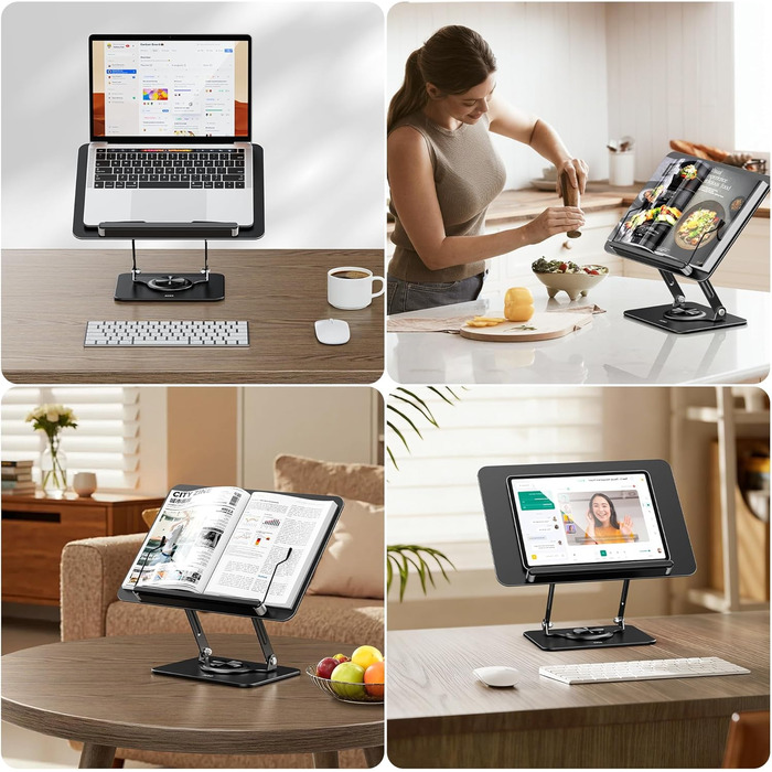 Підставка для читання та роботи з ноутбуком, ергономічний тримач для книг, регульована конструкція з еластичними затискачами для нот, рецептів, планшетів, чорний колір, 01
